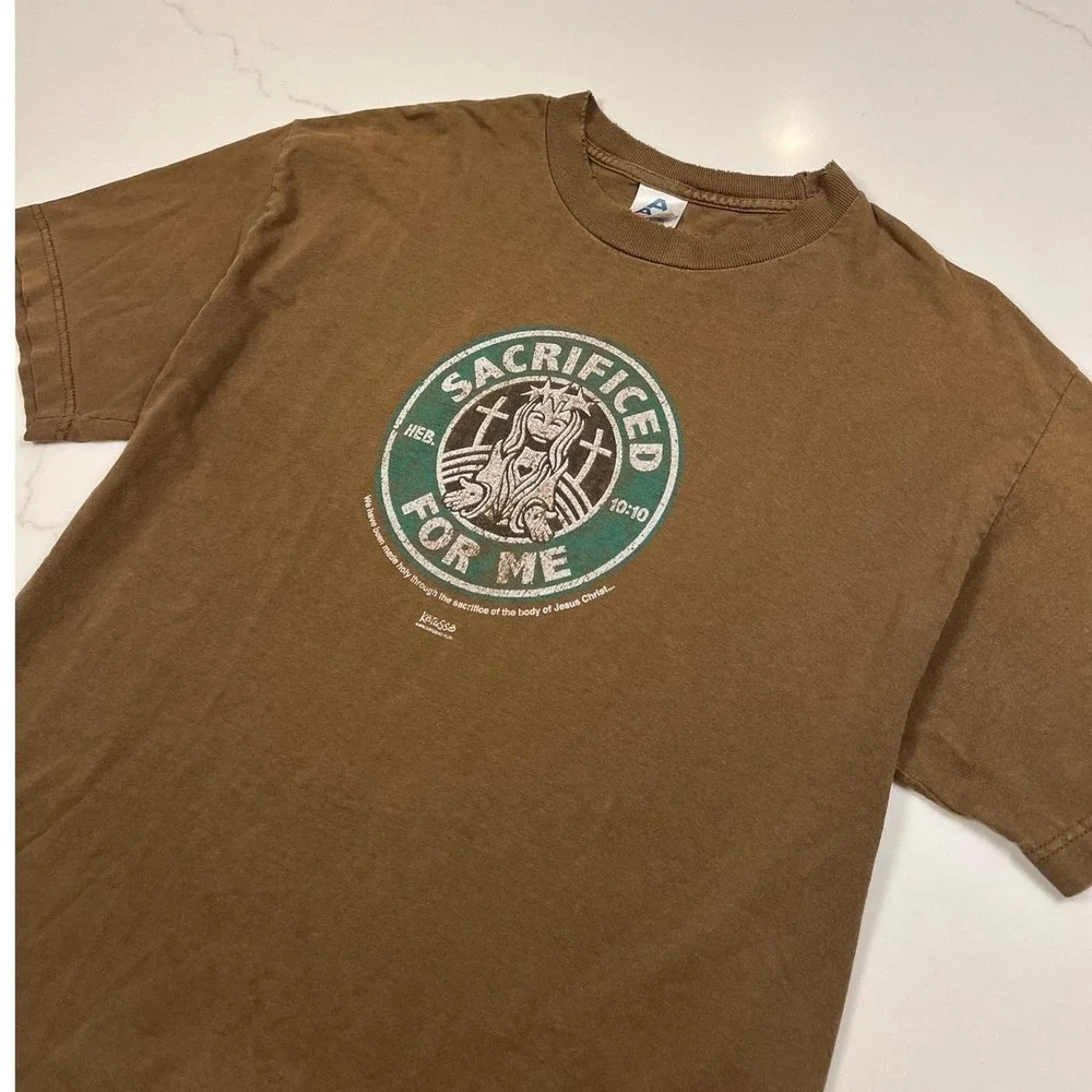 Kerusso T-Shirt Mens Large Brown Sacrificed For Me Starbucks Parody Distressed